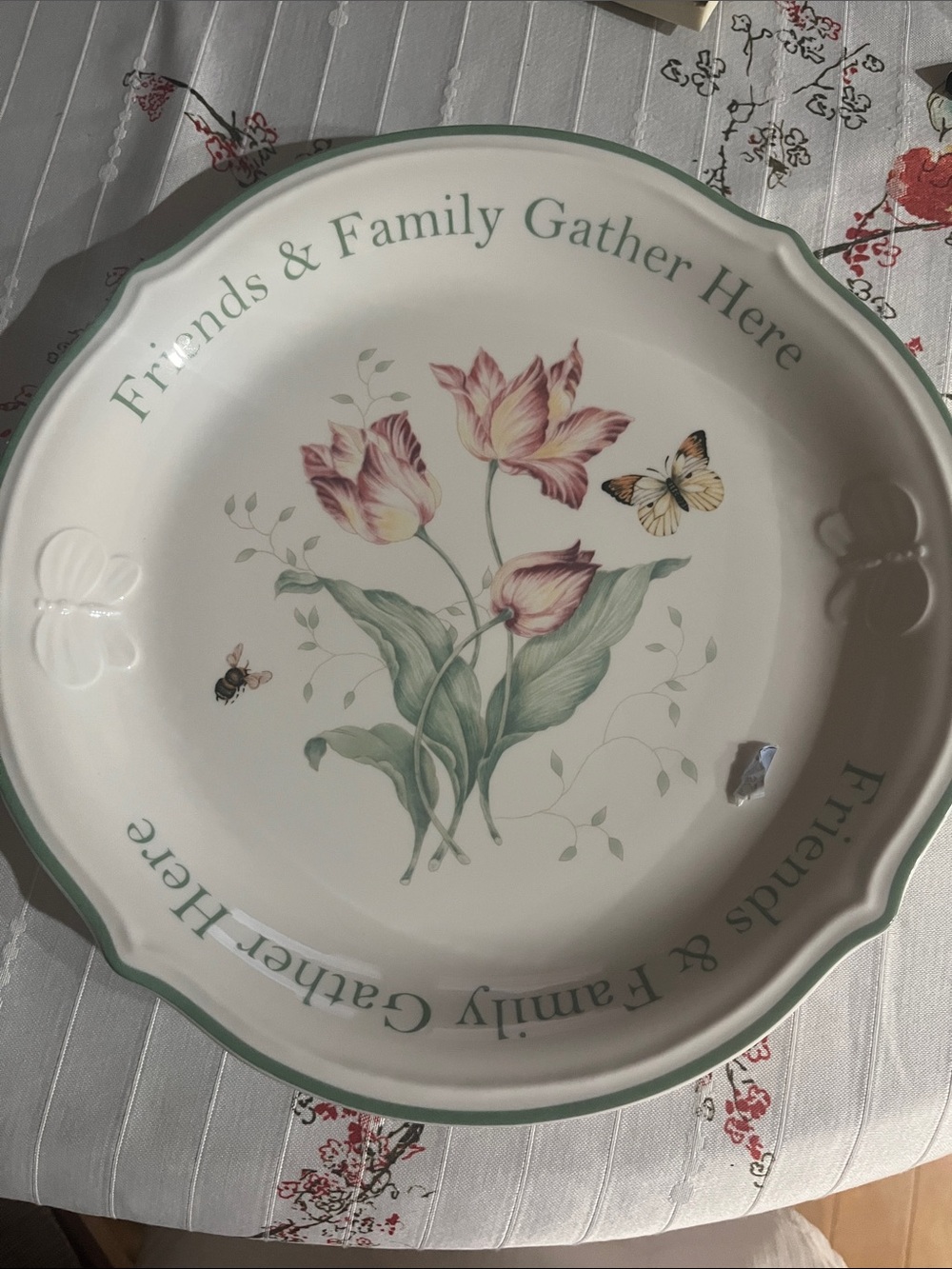 Lenox Cream Serving Platter with Green Trim and Pink Floral Motif